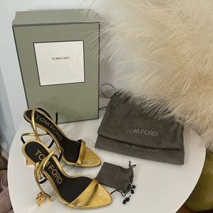 Sz. 37.5 (7.5) AUTHENTIC TOM FORD Gold Nappa Padlock Pointy Naked Sandal Heel